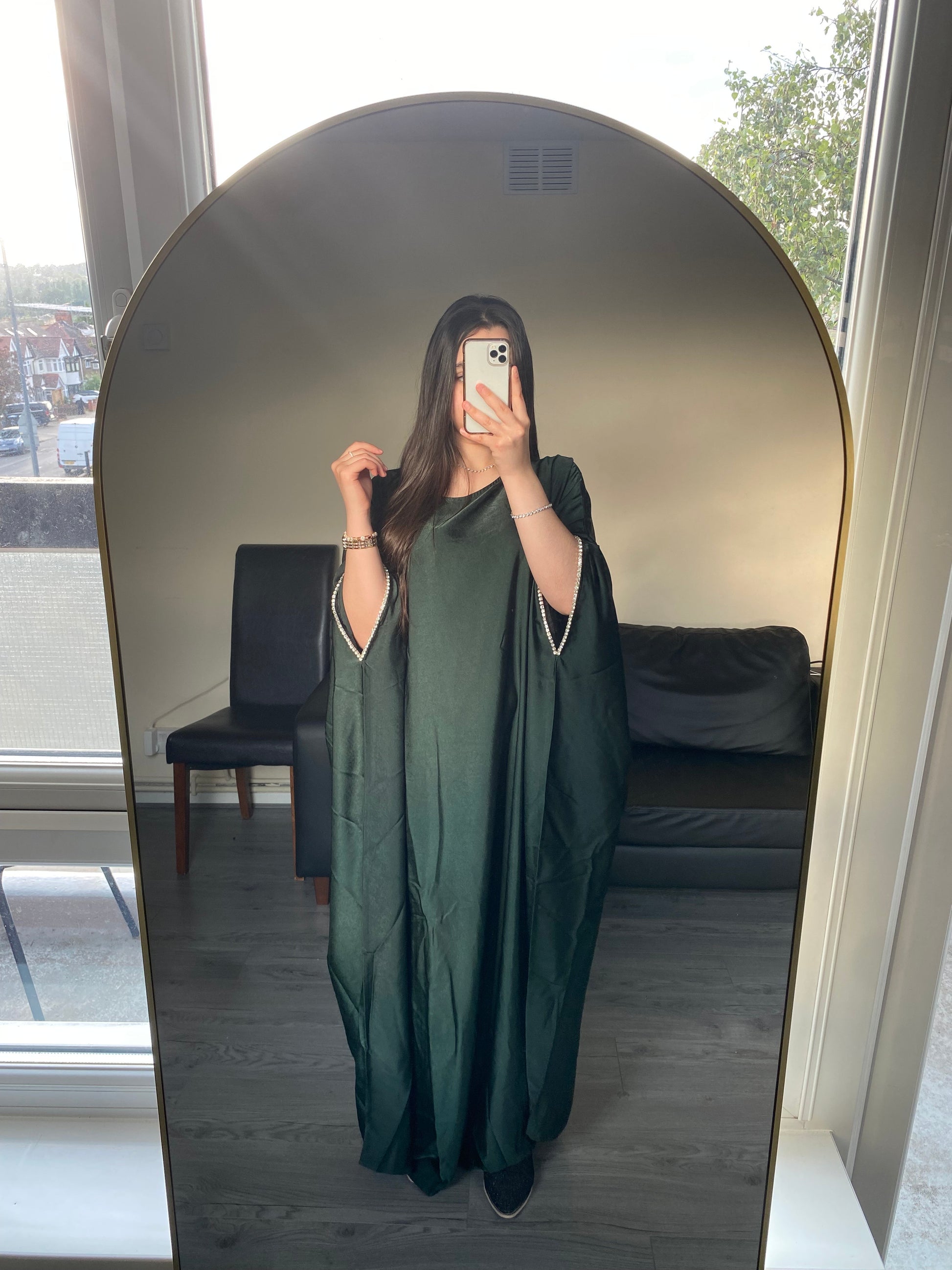 Dark emerald green butterfly abaya